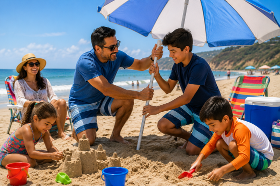 Family Vacation Fun Facts - A-blended-family-enjoying-a-beach-vacation-the-stepdad-is-helping-a-teenage-stepson-set-up-a-beach-umbrella-while-younger-children-build-sandcastles-nearby