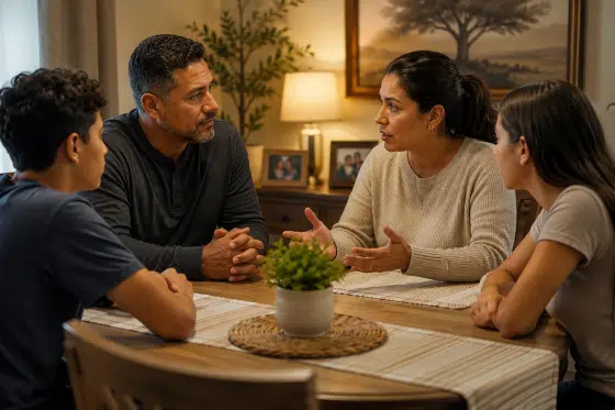 blended family challenges - A Hispanic blended family gathered around a dining room table during a serious but respectful discussion