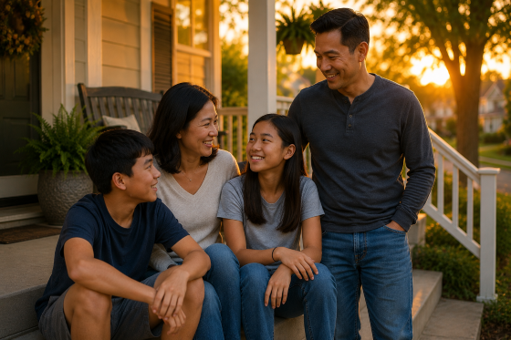 Why Your Stepchild Pulls Away When Things Are Going Well - A blended family gathered comfortably on a front porch at sunset. The stepdad stands beside his spouse and stepchildren.