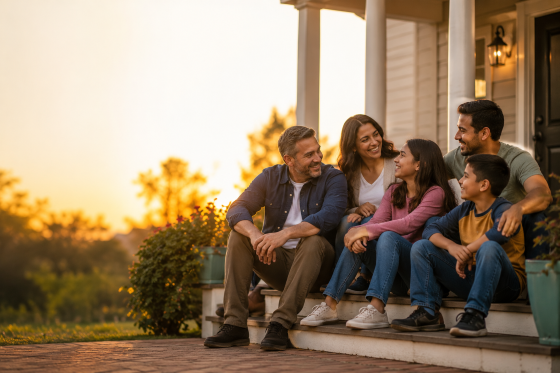 A blended family gathered on a front porch at sunset. Father, stepfather, spouse, and children sharing smiles and conversation
