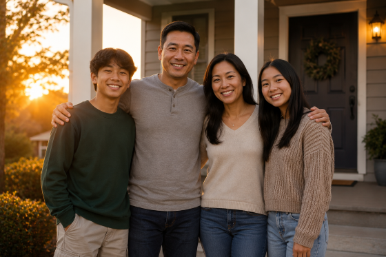 How to be a good stepdad - A Hispanic blended family gathered together on a front porch at sunset.