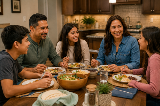 Understanding stepchildren - A Hispanic blended family sharing dinner together
