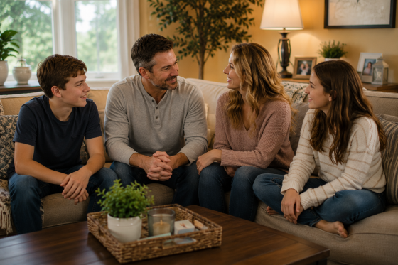 Are You A Bystander Or An Upstander - A blended family sitting together peacefully in a living room, smiling and enjoying relaxed conversation.