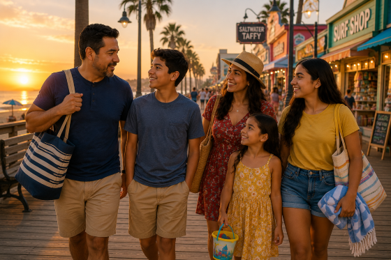 Family Vacation Fun Facts - A-blended-family-walking-together-along-a-boardwalk-at-sunset-carrying-beach-gear-and-souvenirs