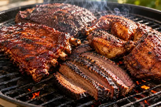 BBQ Humor & Fun Facts - A close-up of sizzling ribs, brisket, and chicken cooking on a charcoal grill with visible smoke and grill marks.