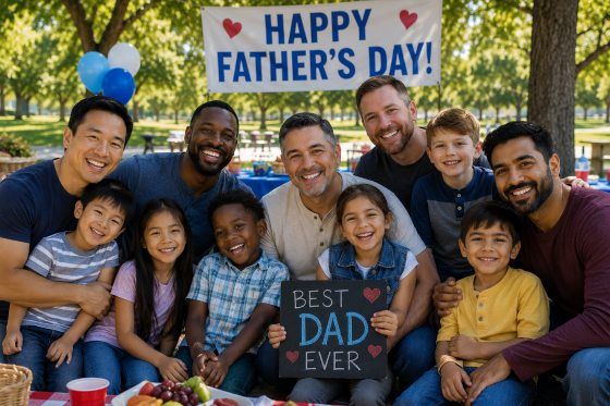 A diverse group of fathers and children from different cultural backgrounds gathered together in a park celebrating Father's Day.
