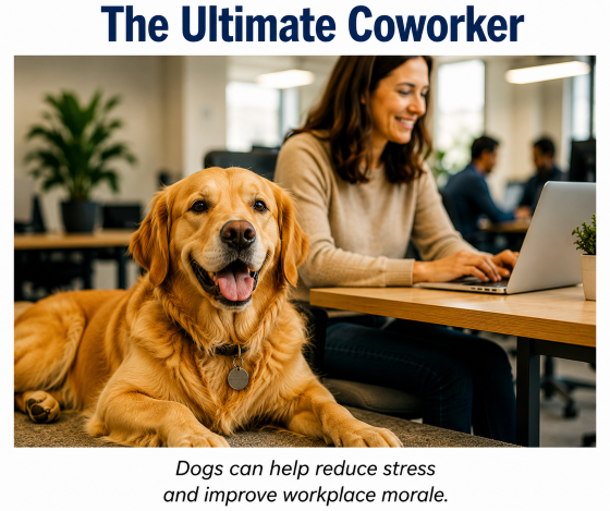A friendly golden retriever lying calmly beside an employee's desk in a modern office.