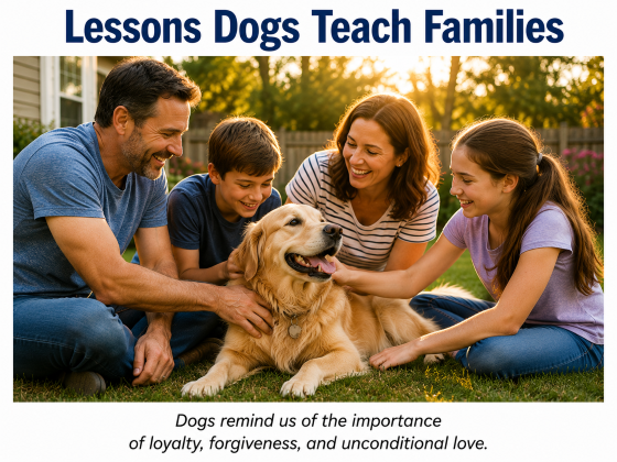 Take Your Dog to Work Day - A family sitting together in a backyard with their dog.