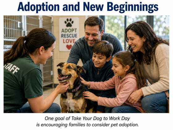 A happy family meeting a rescue dog for the first time at an animal shelter.