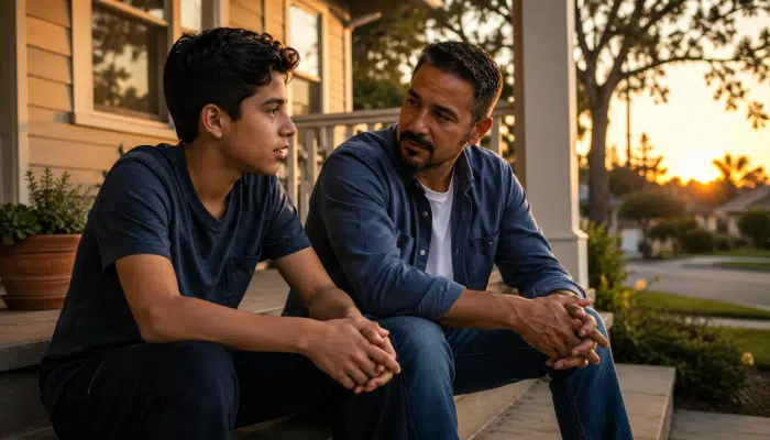 How To Be A Good Stepdad - A-hispanic-stepdad-sitting-beside-a-teenage-son-on-a-front-porch-at-sunset
