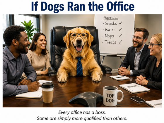 Take Your Dog to Work Day - A humorous office scene featuring a golden retriever sitting in an executive chair at the head of a conference table.
