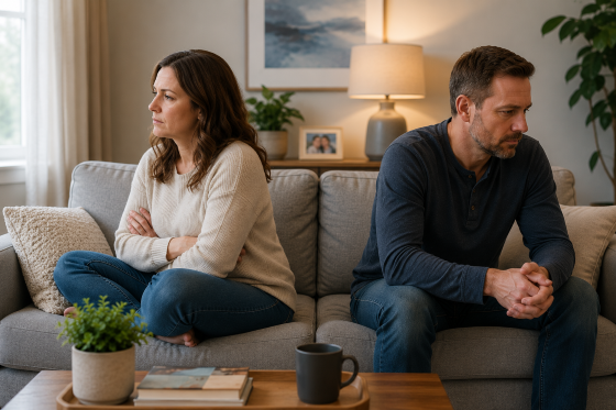 A white husband and wife sitting at opposite ends of a living room couch. Both appear thoughtful and frustrated but not angry