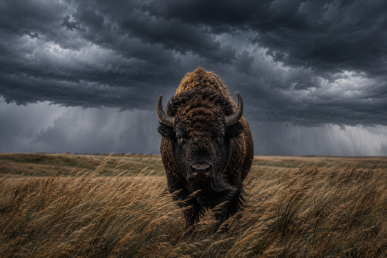 blended family challenges - A lone American bison standing firmly on a windswept prairie while dark storm clouds gather overhead.