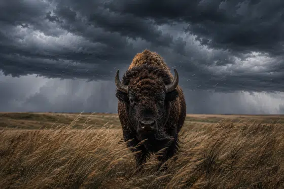 blended family challenges - A lone American bison standing firmly on a windswept prairie while dark storm clouds gather overhead.