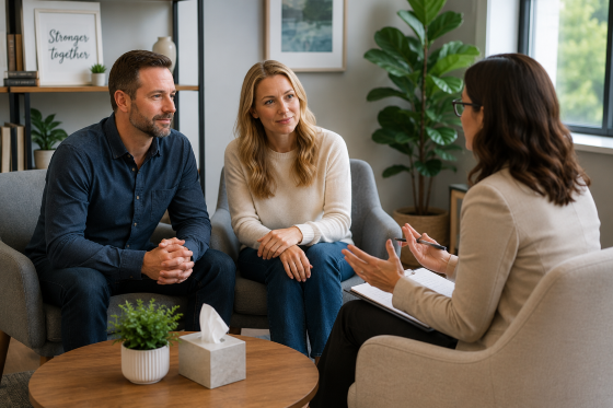 A-married-couple-sitting-across-from-a-professional-counselor-in-a-modern-office