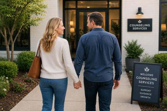 A-married-couple-walking-hand-in-hand-toward-the-entrance-of-a-professional-counseling-office