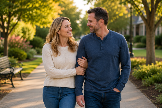 A married couple walking together through a neighborhood park after counseling