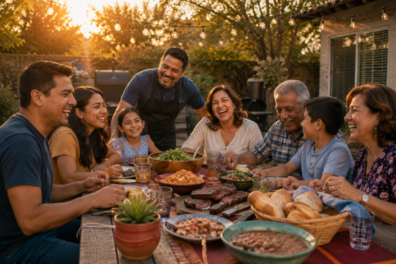 BBQ Humor & Fun Facts - A multi-generational Hispanic family gathered around a backyard table at sunset enjoying a barbecue meal together. Smiles, laughter, and warm family connections. Realistic photography style.