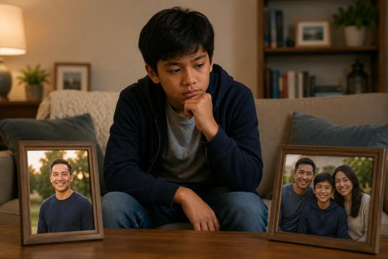 Why Your Stepchild Pulls Away When Things Are Going Well - A stepchild sitting between two family photographs—one of their biological father and one of their blended family.
