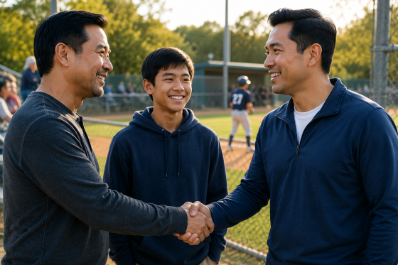 Why Your Stepchild Pulls Away When Things Are Going Well - A stepdad and biological father standing together at a teenage child's sporting event
