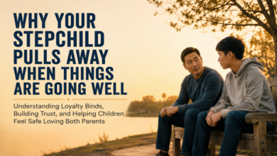 A stepdad and teenage stepson sitting on a wooden park bench overlooking a lake at sunset.