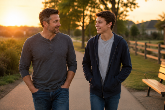 Are You A Bystander Or An Upstander - A stepdad and teenage stepchild walking together on a neighborhood trail at sunset.