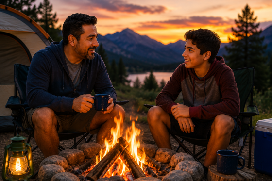 Family Vacation Fun Facts - A-stepdad-and-teenage-stepson-sitting-beside-a-campfire-at-sunset-during-a-family-camping-trip