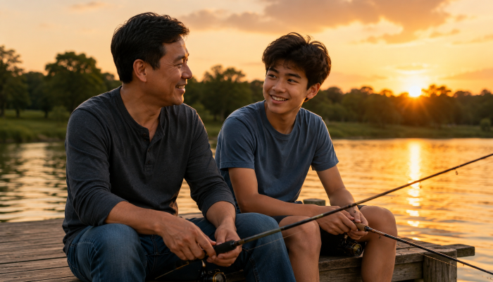 How to be a good stepdad - A stepdad and teenage stepson sitting together on a dock or park bench while fishing at sunset