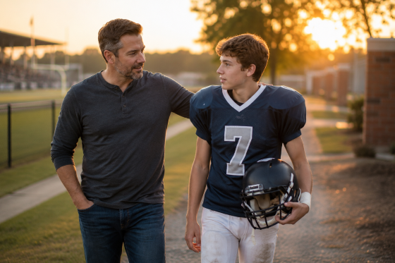 Are You A Bystander Or An Upstander - A stepdad and teenage stepson walking together away from a football field after a sporting event.