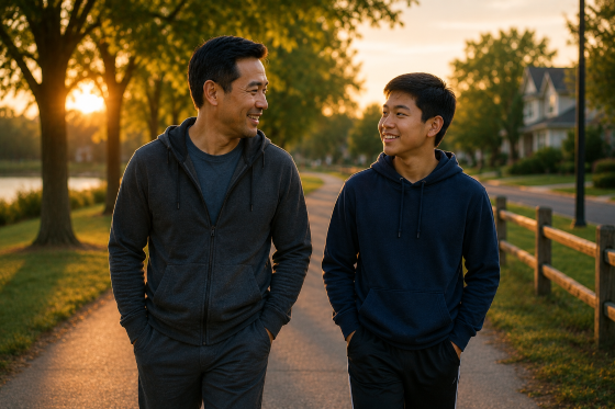 Why Your Stepchild Pulls Away When Things Are Going Well - A stepdad and teenage stepson walking together on a neighborhood trail at sunset