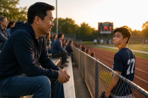 Why Your Stepchild Pulls Away When Things Are Going Well - An Asian stepdad attending a teenage stepchild's sporting event, quietly cheering from the sidelines while the teenager notices and smiles