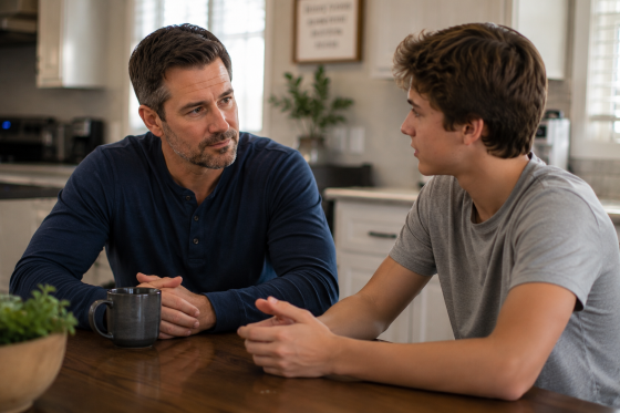 Are You A Bystander Or An Upstander - A stepdad listening attentively to a teenage stepchild at a kitchen table.