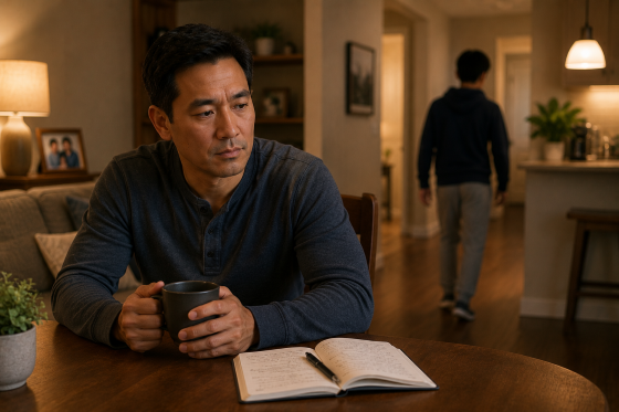 Why Your Stepchild Pulls Away When Things Are Going Well - A stepdad sitting alone at a kitchen table with a cup of coffee, looking concerned after a difficult interaction with a teenager.