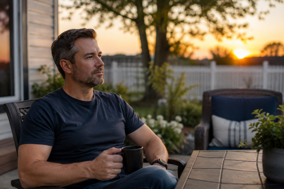 Are You A Bystander Or An Upstander - A-stepdad-sitting-alone-on-a-backyard-patio-at-sunset-thoughtfully-reflecting-while-holding-a-cup-of-coffee