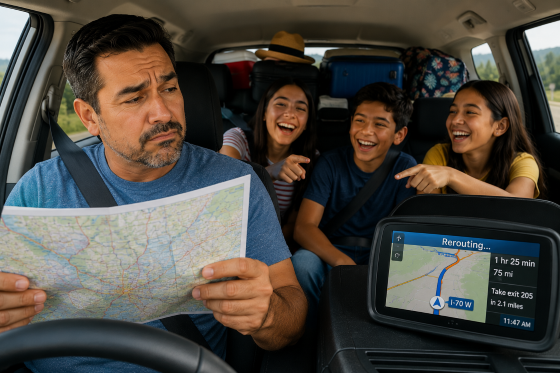 Family Vacation Fun Facts - A stepdad sitting behind the wheel of a family SUV looking confidently at a paper map while the GPS on the dashboard shows a different route.