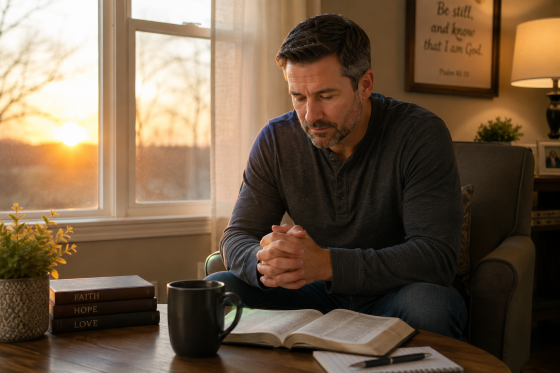 Are You A Bystander Or An Upstander - A-stepdad-sitting-quietly-with-a-Bible-and-coffee-during-early-morning-prayer-time