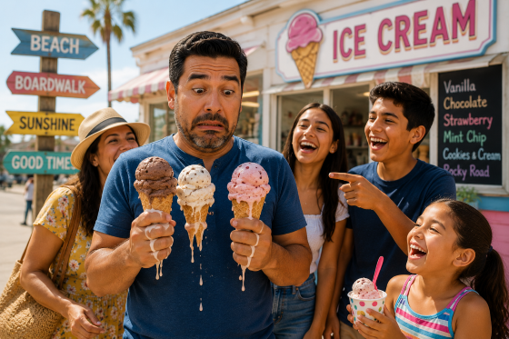 Family Vacation Fun Facts - A stepdad standing at an ice cream stand holding several melting ice cream cones while family members laugh.