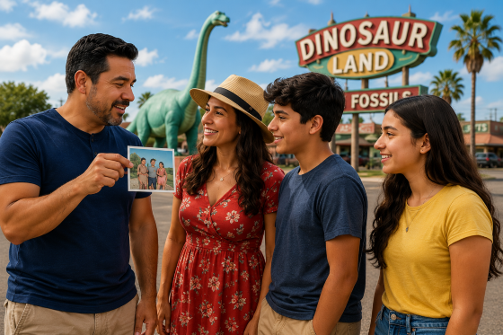 Family Vacation Fun Facts - A stepdad standing beside a roadside attraction with his spouse and teenage stepchildren.