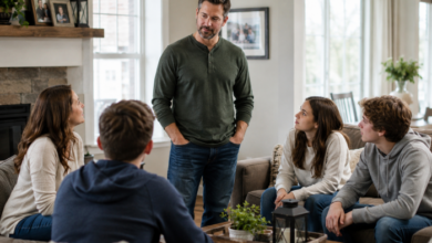 Are You A Bystander Or An Upstander - A stepdad standing in a comfortable family living room while listening attentively during a family conversation
