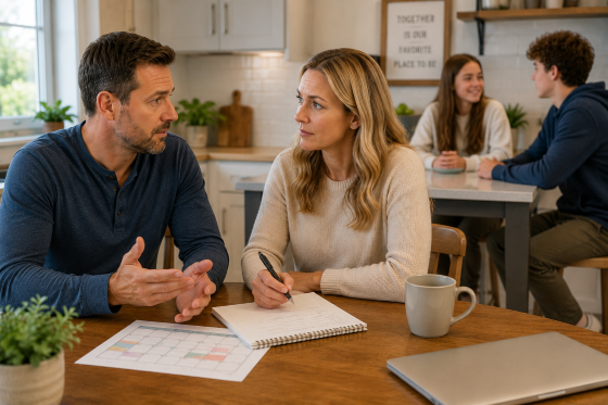 A-stepfather-and-mother-sitting-together-at-a-kitchen-table-discussing-family-plans