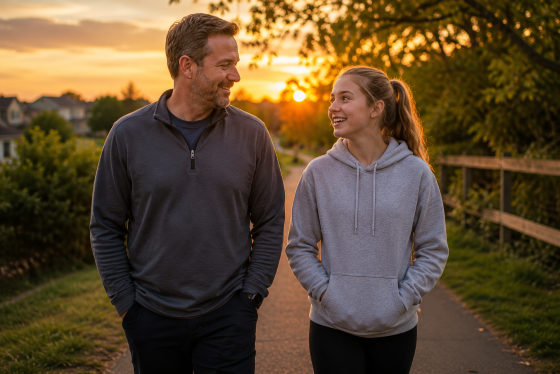A white stepfather and teenage stepdaughter walking together on a neighborhood trail at sunset.