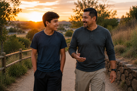 Understanding stepchildren - A Hispanic stepfather and teenage stepson walking together along a neighborhood trail at sunset