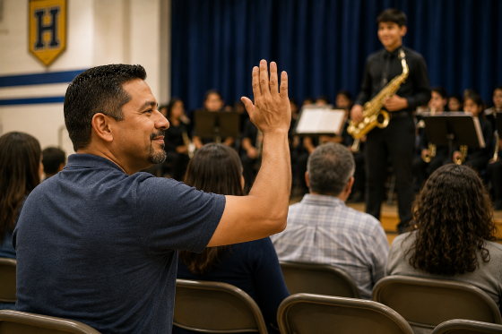 Understanding stepchildren - A-stepfather-attending-a-school-event-and-waving-from-the-audience-while-his-teenage-stepchild-participates-in-an-activity