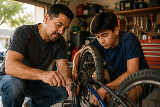 Understanding stepchildren - A Hispanic stepfather helping his teenage stepson repair a bicycle in a garage