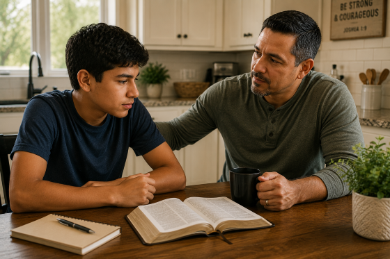 Understanding stepchildren - A-stepfather-reading-his-Bible-early-in-the-morning-at-a-kitchen-table-while-sunlight-streams-through-a-nearby-window