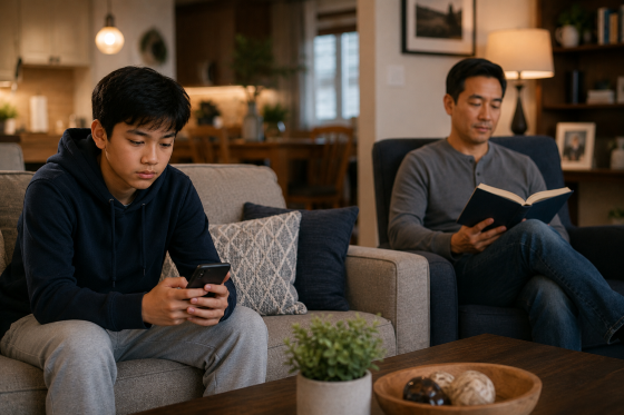Why Your Stepchild Pulls Away When Things Are Going Well - A teenage boy sitting on a living room sofa checking messages on his phone while appearing thoughtful. An Asian stepdad is nearby reading a book and allowing the teen personal space.