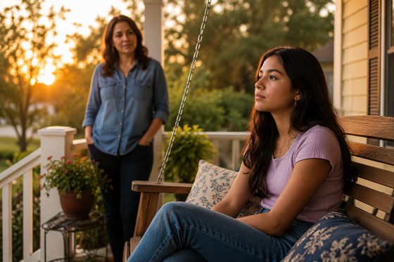 Understanding stepchildren - A Hispanic teenage girl sitting on a wooden porch swing during the early evening.