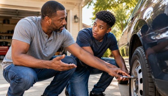 An African American father teaching his teenage son how to change a tire in a driveway.