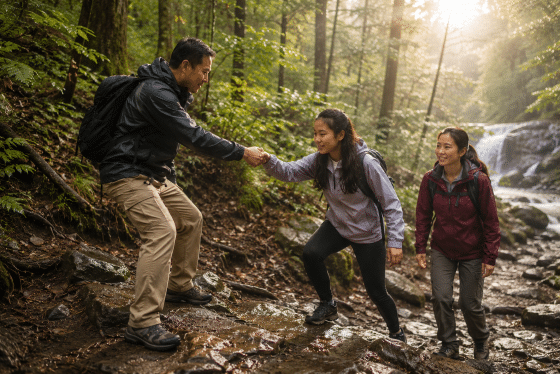blended family challenges - An Asian blended family hiking up a wooded trail together after a rainstorm. The stepfather reaches back to help his teenage stepdaughter over a rocky section while the mother smiles nearby. Sunlight breaking through the trees. Symbol of perseverance and family unity. Professional lifestyle photography.