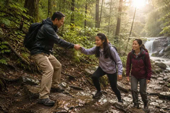 blended family challenges - An Asian blended family hiking up a wooded trail together after a rainstorm. The stepfather reaches back to help his teenage stepdaughter over a rocky section while the mother smiles nearby. Sunlight breaking through the trees. Symbol of perseverance and family unity. Professional lifestyle photography.